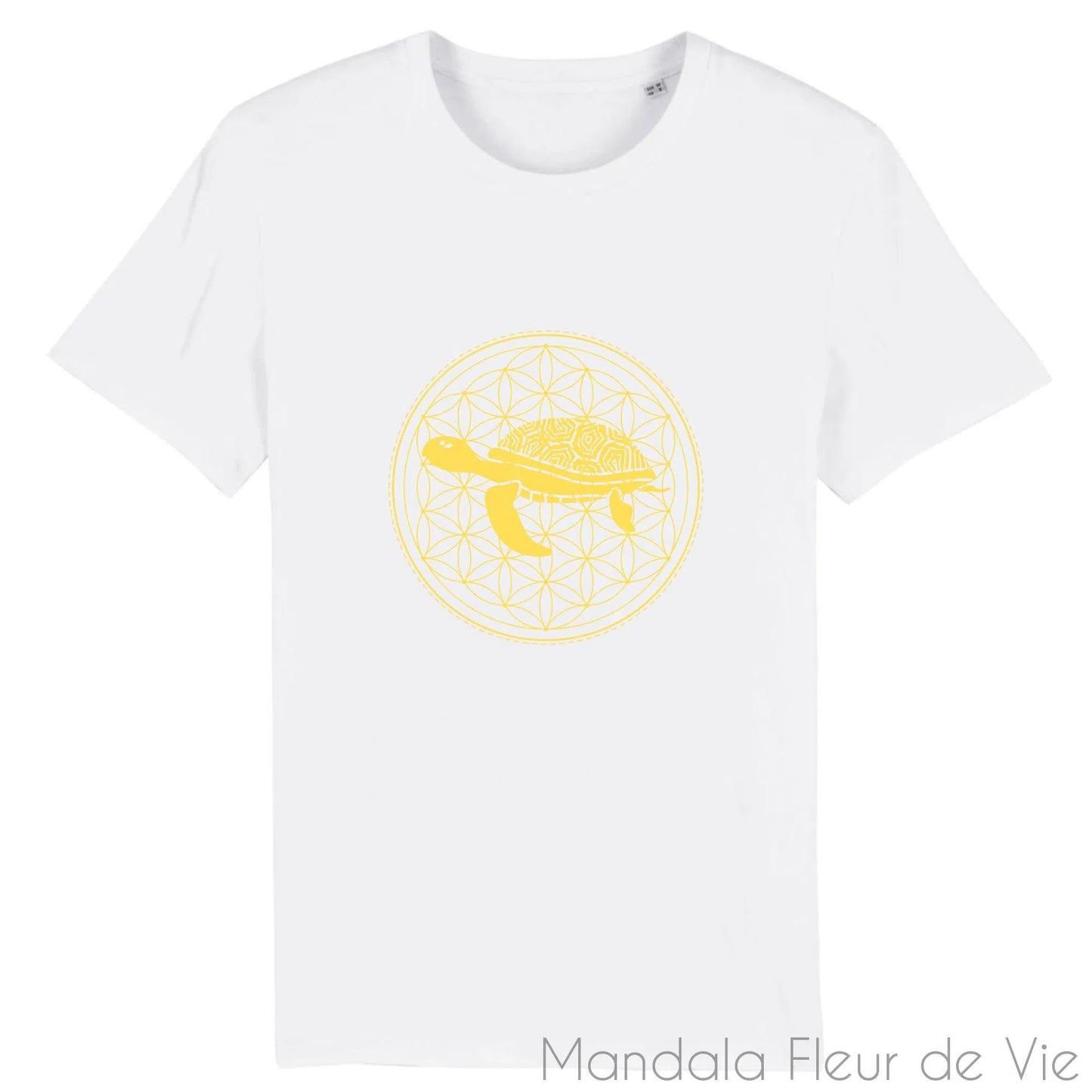 T Shirt en Coton Bio Mandala Fleur de Vie Tortue Jaune Or