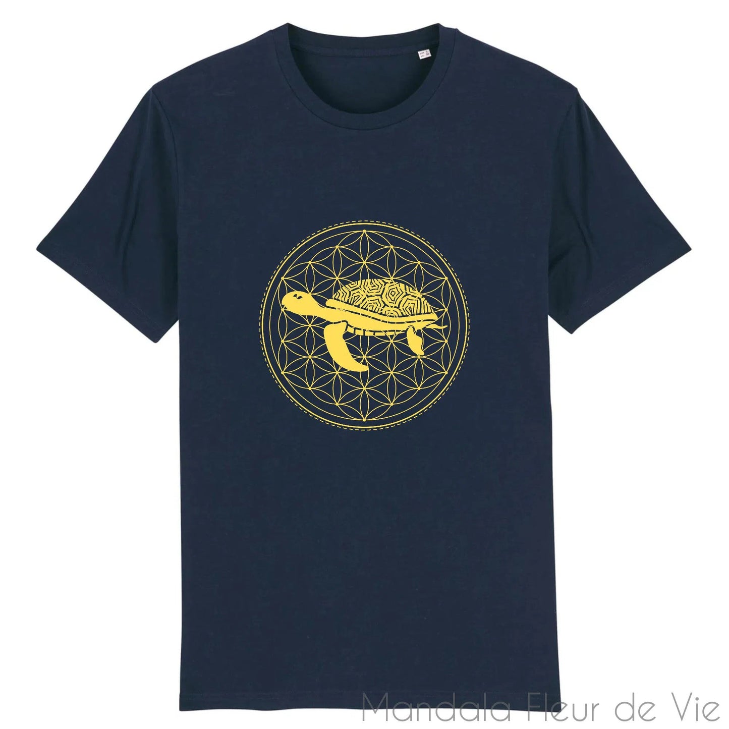 T Shirt en Coton Bio Mandala Fleur de Vie Tortue Jaune Or