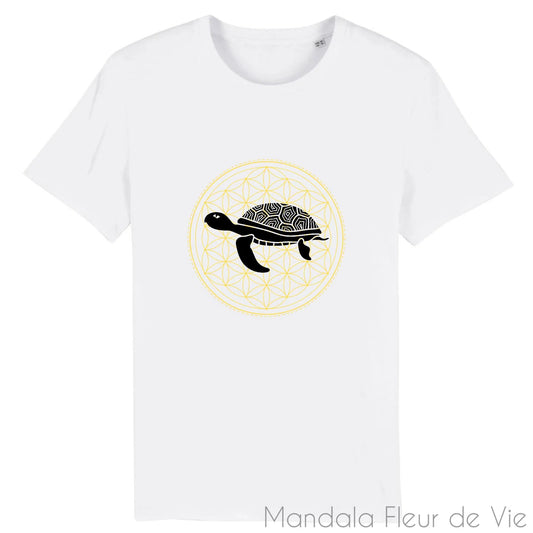 T Shirt en Coton Bio Mandala Fleur de Vie Tortue Noir & Or