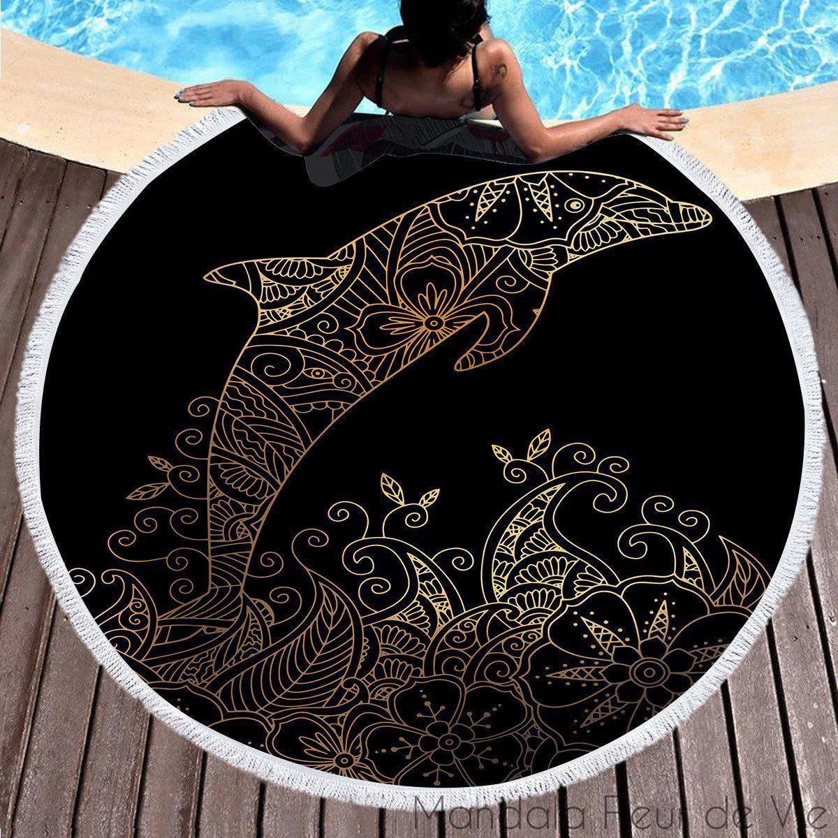 Tapis Mandala Animaux : Dauphin Noir & Or