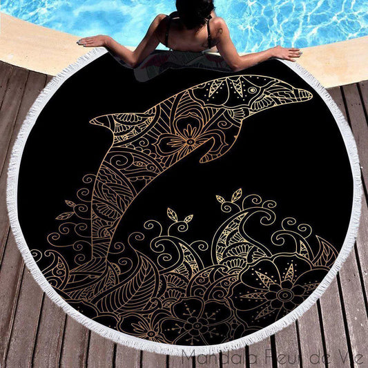 Tapis Mandala Animaux : Dauphin Noir & Or