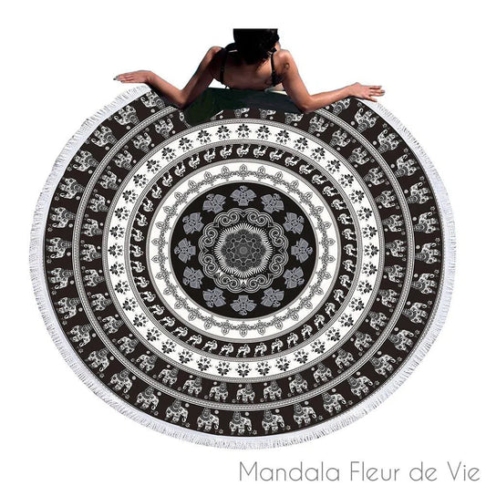 Tapis Mandala Eléphants Noir et blanc