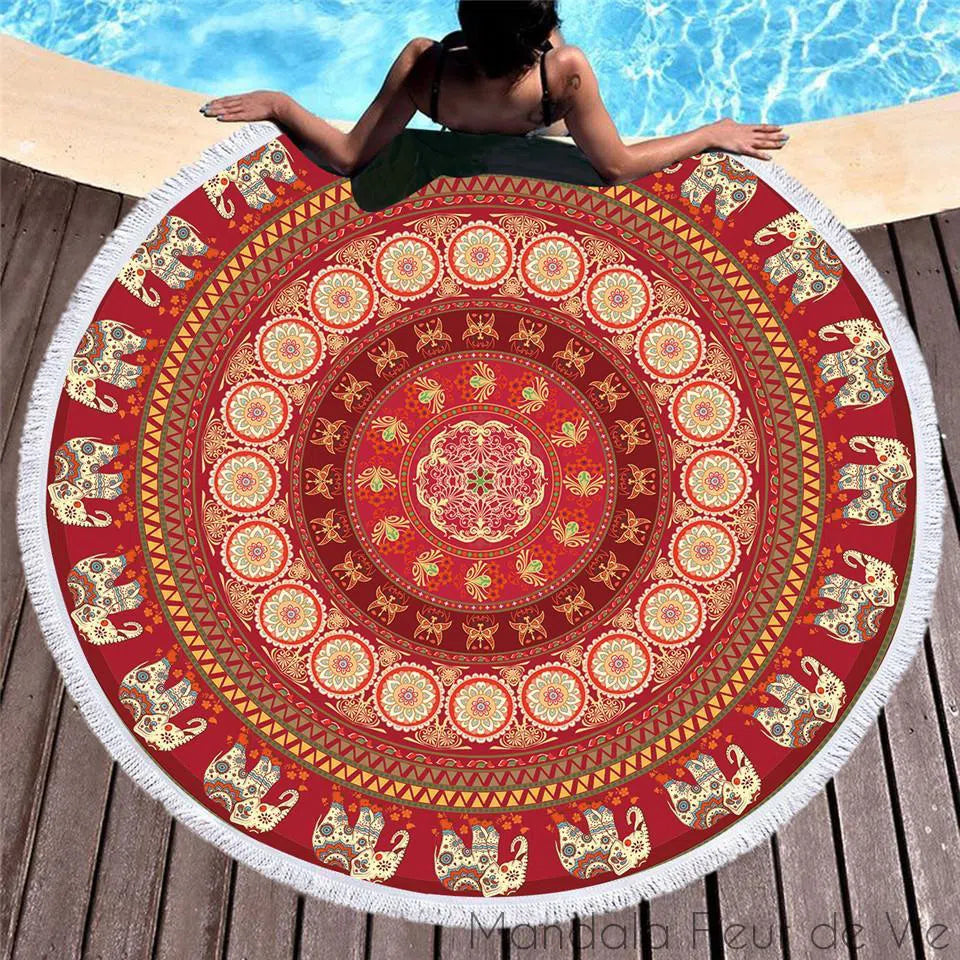 Tapis Mandala Lotus éléphants rouge