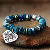 Bracelet Arbre de Vie<br>Cœur en Apatite Bleue Mandala Fleur de vie