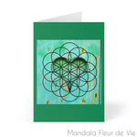Cartes Coeur & Fleur de Vie fond vert (8 pcs) Mandala Fleur de vie